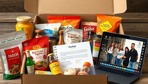 An array of colorful international food products and spices arranged in a subscription box, accompanied by a recipe card, cultural information booklet, and a laptop screen displaying a virtual unboxing event with enthusiastic subscribers, creating a sense of culinary discovery and global gastronomy.