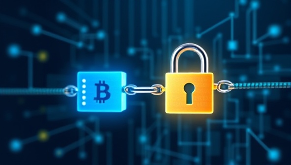 An illustration of a digital lock chain securing financial data blocks, symbolizing the blockchain technology used for audit verification and data integrity in a modern and secure audit platform.
