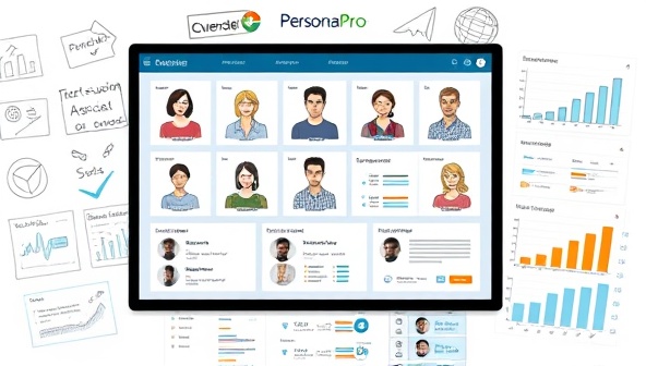 A digital dashboard displaying various customer persona profiles and data insights, surrounded by marketing strategy sketches and analytics charts, illustrating the comprehensive and personalized approach of PersonaPro Solutions.