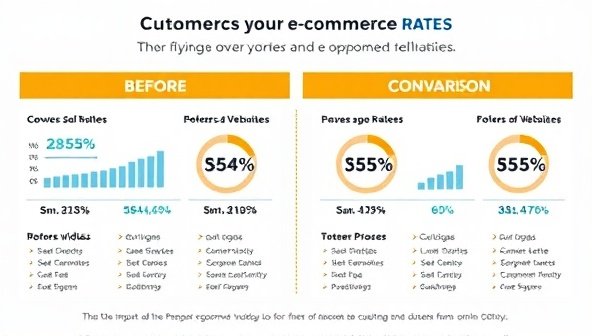 An engaging infographic showing a before-and-after comparison of an e-commerce website's conversion rates and user experience metrics, illustrating the impact of optimization strategies on online sales and customer engagement.