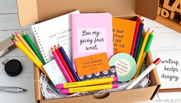 A beautifully designed subscription box filled with colorful writing materials, a personalized notebook, inspirational quotes, and a USB drive with exclusive writing resources, sparking creativity and excitement.