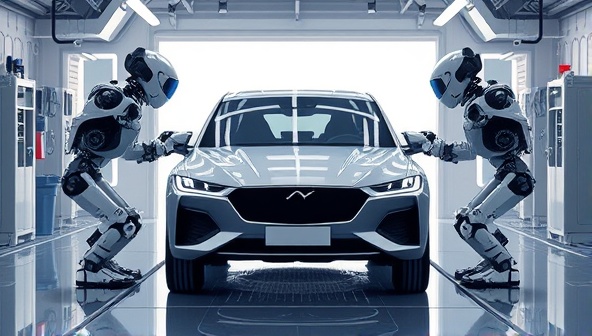 An illustration of the AutoBots Maintenance Crew robots in action, inspecting and cleaning autonomous vehicles in a futuristic maintenance bay, showcasing the advanced technology and precision of the robotic maintenance crew in ensuring the upkeep of self-driving cars.