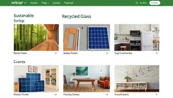 An innovative online marketplace interface displaying a variety of sustainable construction materials like bamboo flooring, solar panels, and recycled glass countertops, illustrating the platform's commitment to eco-friendly choices.