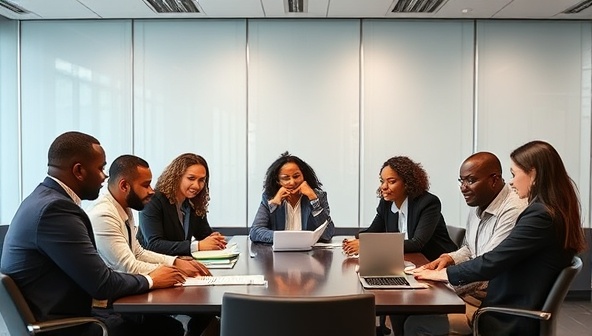 A diverse group of professionals in a boardroom setting, engaging in a productive discussion with recruitment materials and diversity training resources visible, symbolizing inclusivity and collaboration in the workplace.