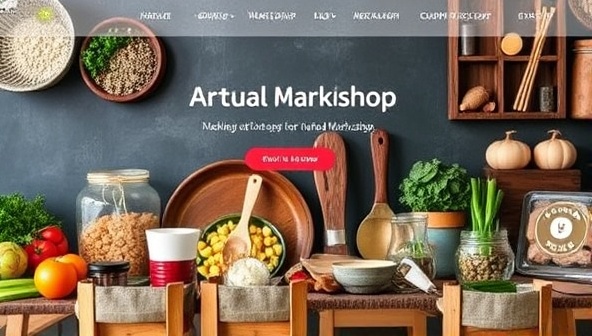 An online marketplace homepage showcasing a variety of artisanal food products, cooking tools, and virtual workshop listings, with vibrant imagery and engaging graphics that convey a sense of culinary diversity and community.