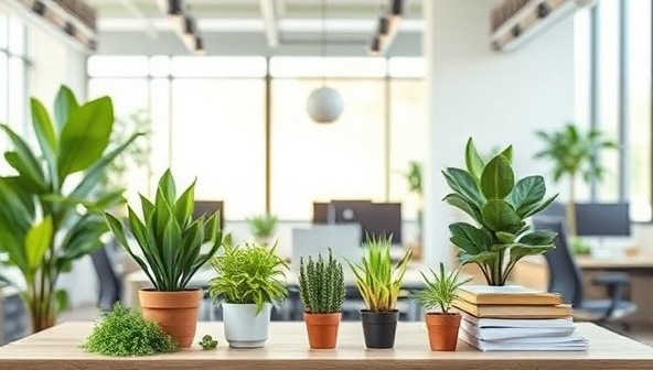 An office setting with eco-friendly elements such as plants, recycled paper, and energy-efficient lighting, symbolizing sustainability and environmental consciousness in business practices.