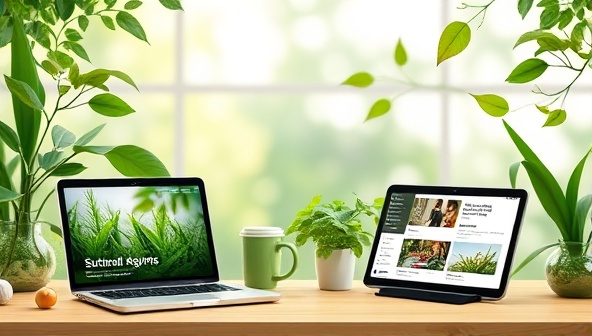 An eco-friendly e-learning environment with nature-inspired visuals, green elements, and digital devices showcasing sustainable living courses, conveying a sense of learning and environmental awareness.
