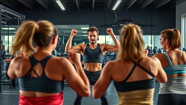 An energetic and dynamic workout scene featuring a virtual fitness coach leading a group exercise session, with participants following along on their screens, displaying sweat, determination, and teamwork, capturing the essence of FitFusion Coaching's virtual fitness experience.