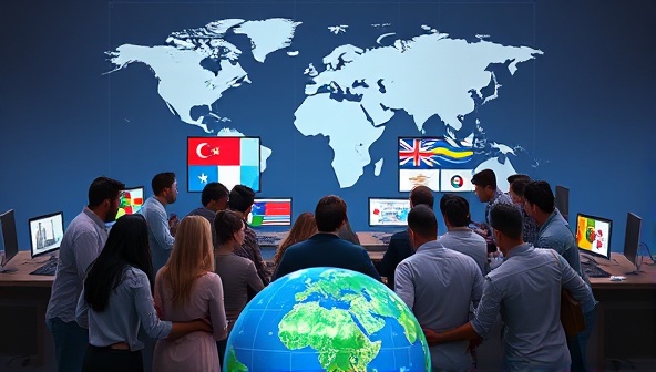 An engaging visual of a diverse group of designers from around the world collaborating on a web design project, with digital screens displaying creative design concepts, flags representing different countries, and a virtual globe symbolizing the global reach and collaborative spirit of CrowdCraft Designs' crowdsourced web design platform.