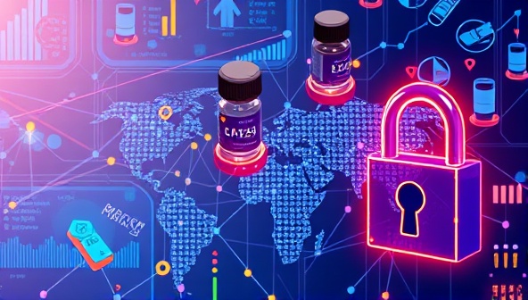 An intricate network of blockchain nodes representing secure data transactions, pharmaceutical supply chain maps with real-time tracking information, and digital security locks symbolizing the integrity and trustworthiness of PharmaChain Trace platform in ensuring medication authenticity and safety.
