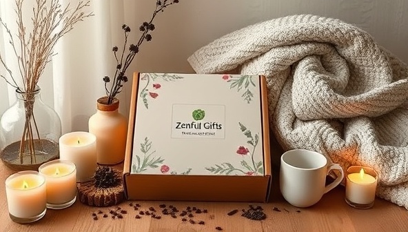 A serene and tranquil setting featuring a beautifully arranged Zenful Gifts wellness gift box surrounded by calming candles, aromatic herbs, a cozy blanket, and a soothing tea set, creating a peaceful and rejuvenating atmosphere, ideal for moments of self-care and relaxation.