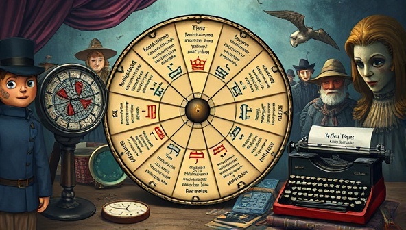 An artistic representation of a digital plot twist wheel spinning with intriguing story prompts, surrounded by a diverse cast of characters, a mystical setting, and story elements like a magnifying glass and a vintage typewriter, stimulating the imagination and storytelling journey.