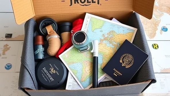 An enticing subscription box filled with outdoor adventure gear, travel gadgets, maps, and a passport, symbolizing the spirit of exploration and discovery for adventurers eager to delve into new travel experiences.