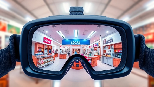 A virtual reality headset displaying a vibrant 360-degree view of a local business, with interactive hotspots highlighting key features and products, immersing the viewer in a virtual local exploration experience.