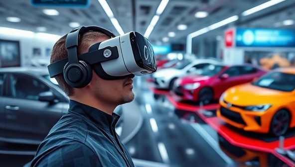 An immersive virtual reality scene showing a user wearing a VR headset, exploring a detailed virtual car showroom with multiple car models, interactive features like color customization, and a futuristic digital interface, conveying a cutting-edge and engaging car browsing experience offered by AutoGallery VR.