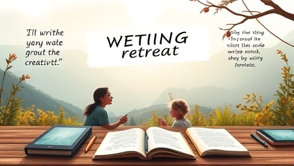 An online platform interface showcasing a virtual writing retreat with participants engaging in a live workshop, surrounded by digital notepads, inspiring quotes, and a serene backdrop, fostering a sense of creativity and community.