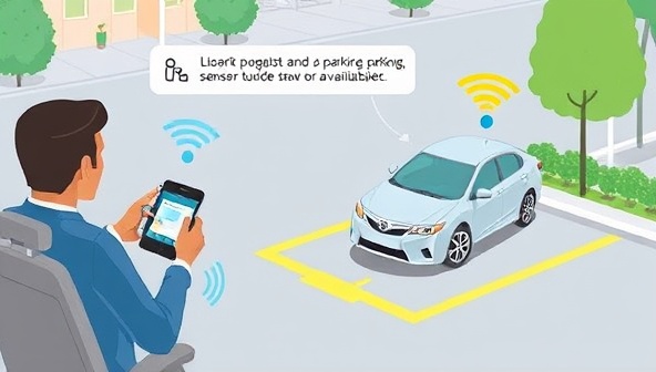 An illustrative depiction of a smart parking system in action, showing a driver using a mobile app to locate and reserve a parking spot while sensors guide the vehicle to an available space, highlighting convenience and efficiency in parking operations.