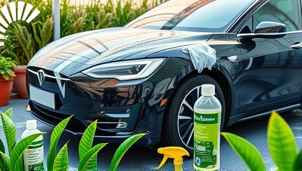 A vibrant image showcasing a shiny electric car being cleaned with eco-friendly products, surrounded by green plants and a clean environment, highlighting the sustainable and modern approach of the service.
