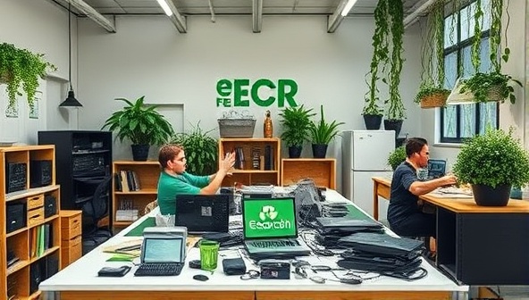 An eco-conscious workspace showcasing a team disassembling old electronics for recycling, with a focus on sustainability and responsible tech disposal, creating a visually impactful representation of EcoTech Renew's mission.