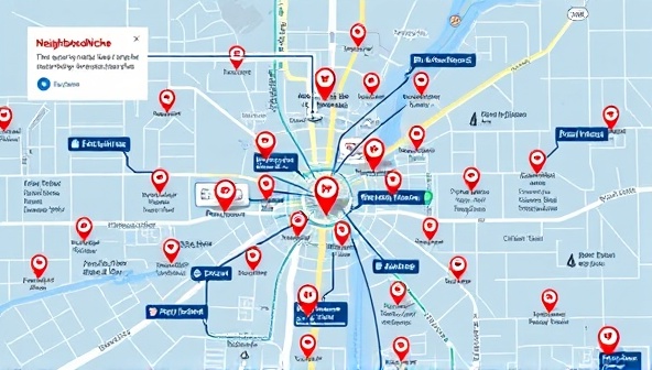 An engaging visual of a neighborhood map with pins representing local businesses and micro-influencers, interconnected by social media icons and engagement metrics, illustrating the targeted and community-driven approach of NeighborhoodNiche.