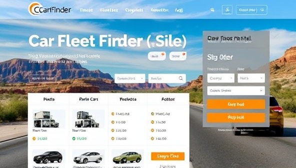 An interactive website interface of CarFleet Finder displaying a wide selection of rental cars, pricing details, and user-friendly search filters, set against a backdrop of diverse travel destinations and road trip imagery, inviting users to explore and book rental vehicles seamlessly.