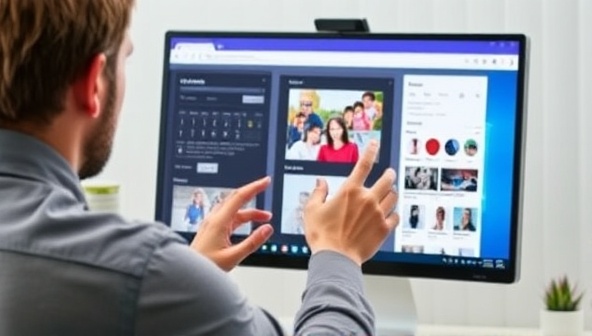 An individual interacting with a voice-activated web design assistant on a computer screen, showcasing the seamless integration of voice commands in designing and customizing website elements, highlighting the hands-free and intuitive nature of the service.