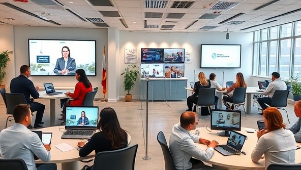 A dynamic virtual career center scene featuring professionals engaged in mock interviews, resume reviews, and networking sessions with mentors and career coaches, creating a supportive and empowering environment for career growth and advancement.