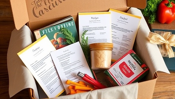 An elegantly designed subscription box with colorful recipe cards, neatly arranged ingredients, and cooking utensils, evoking a sense of excitement and anticipation for culinary adventures.