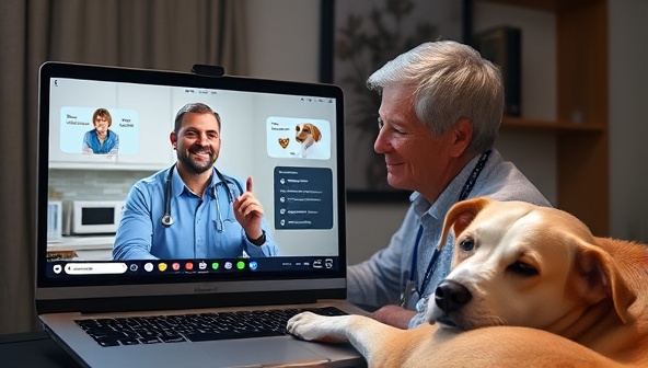 A captivating visual of a virtual veterinary consultation in progress, with a pet owner and a veterinarian engaging in a video call, displaying warmth and professionalism in the interaction, with a pet companion resting nearby, illustrating the convenience and care of PawCare Connect's telemedicine service for pets.