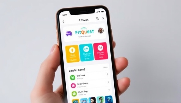 A smartphone screen displaying the FitQuest app interface, with colorful graphics, achievement badges, and a leaderboard ranking, creating a visually appealing and engaging gamified fitness experience.