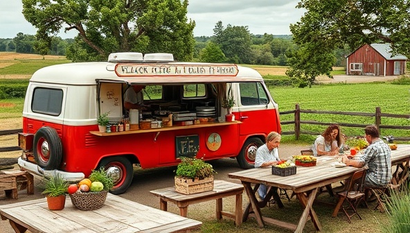 A charming vintage food truck parked next to a picturesque farm, with chefs cooking on outdoor stoves, surrounded by crates of fresh produce and herbs, and diners enjoying farm-fresh meals at rustic wooden tables, evoking a sense of culinary delight and farm-to-table experience.