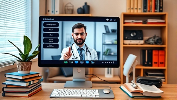 An online consultation room setting with a virtual medical specialist discussing a patient's case on a computer screen, surrounded by medical books and diagnostic tools, illustrating the expert and professional nature of the MediInsight SecondOp service.