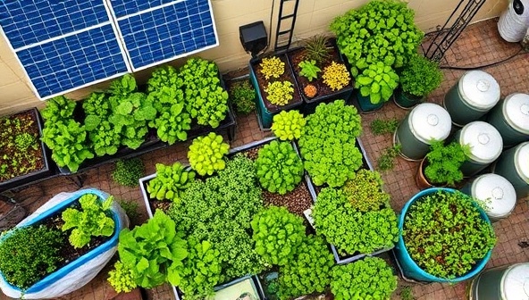 An aerial view of a lush rooftop garden filled with vibrant vegetables, herbs, and flowers, surrounded by solar panels and rainwater collection systems, illustrating a sustainable and thriving urban farming community at Sky Harvest Co-op.