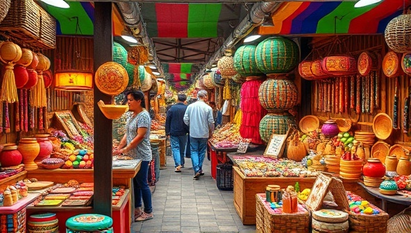 A vibrant and bustling virtual artisanal market scene, showcasing a diverse array of handcrafted products displayed on colorful stalls, with shoppers interacting with artisans and exploring the unique offerings, creating a lively and engaging marketplace atmosphere.