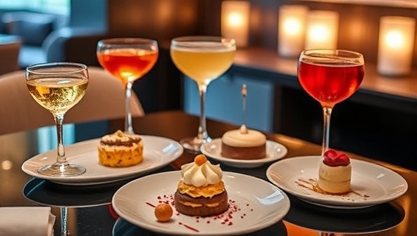 A luxurious dessert and cocktail pairing spread at SweetArtisan Indulgence Lounge, featuring exquisite plated desserts, artisanal cocktails in elegant glassware, and a chic lounge setting with soft lighting and upscale decor, evoking a sense of culinary indulgence and refined elegance.