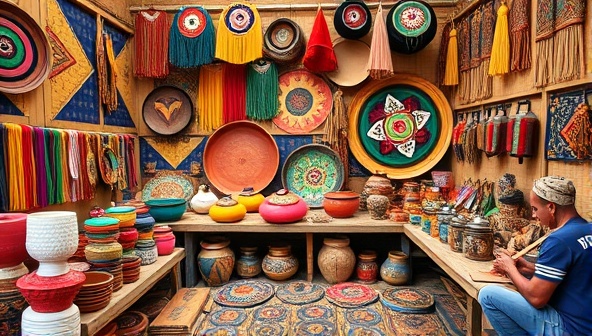 An array of colorful artisan crafts and handmade products displayed on a virtual marketplace platform, surrounded by images of diverse cultural artisans at work, showcasing the authenticity and creativity of the local communities.
