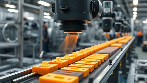 An advanced AI inspection system scanning and analyzing products on a manufacturing line with precision and speed, highlighting the efficiency and accuracy of the technology in detecting defects and ensuring product quality.