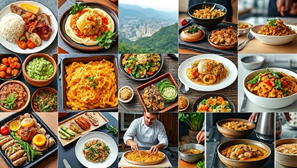 A visually appealing collage of diverse local dishes, chef demonstrations, and interactive cooking experiences, illustrating the immersive and interactive nature of the virtual food tours offered by the platform.
