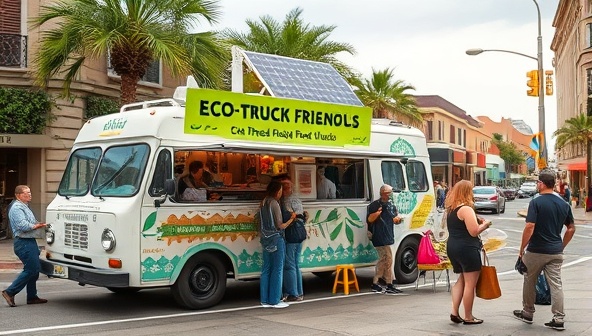 An eco-friendly food truck parked at a bustling street corner, surrounded by customers enjoying plant-based meals served in compostable containers, with a backdrop of lush greenery and solar panels on the roof, illustrating sustainability and eco-consciousness.