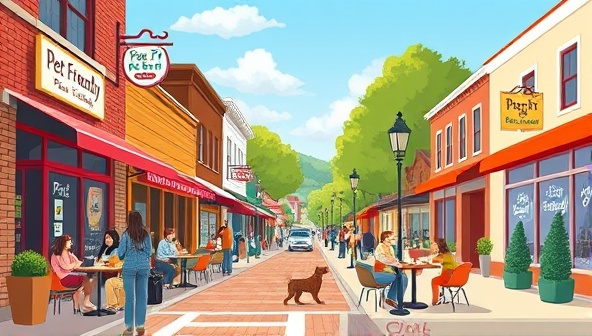 A vibrant illustration of a local street lined with pet-friendly businesses, pet owners enjoying outdoor cafes with their furry companions, and storefronts adorned with pet-friendly signage, creating a welcoming and inclusive atmosphere for both pets and their owners.