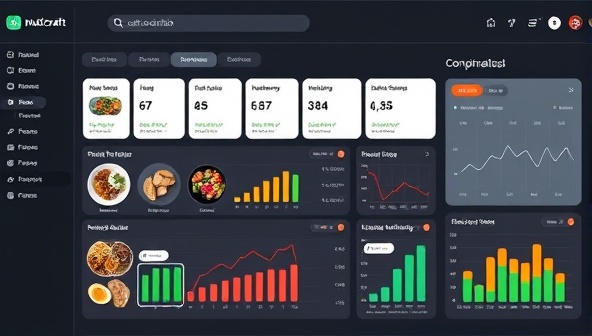 An interactive nutrition dashboard displaying personalized meal recommendations, nutritional insights, and progress tracking charts, showcasing the data-driven and user-friendly approach of NutriCraft's online nutrition consultancy services.