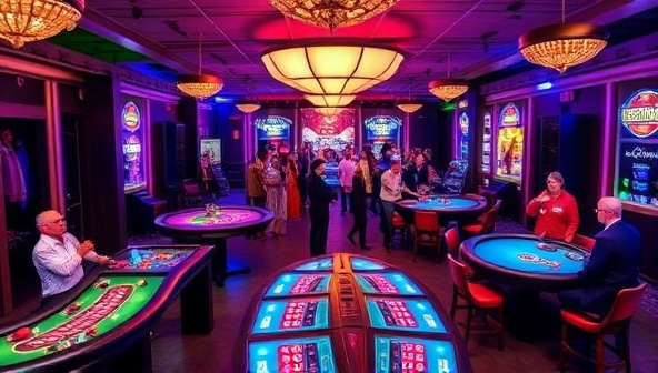 A vibrant and dynamic event setting with a temporary pop-up casino featuring colorful lights, diverse gaming tables, and enthusiastic guests enjoying the immersive gambling experience, capturing the excitement and energy of Casino Spectra's mobile casino events.