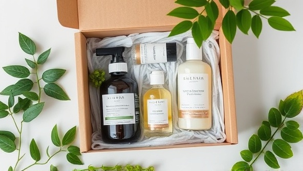 An aesthetically pleasing flat lay image featuring a collection of natural skincare products arranged in a beautifully designed box, surrounded by green foliage and sustainable packaging, conveying eco-consciousness and luxury.