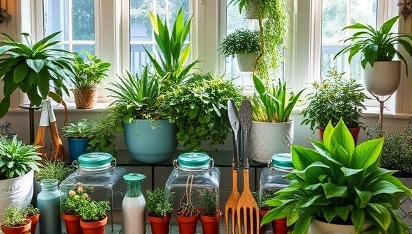 An inviting indoor garden display featuring lush plants, succulents, and herbs arranged in stylish planters and terrariums, surrounded by gardening tools, decorative elements, and natural light streaming through a window, creating a serene and green oasis within a home environment.