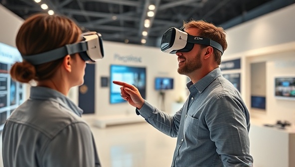 An immersive virtual reality environment showcasing a customer exploring a high-tech product in a virtual showroom, experiencing interactive features and functionalities, creating a memorable and engaging product demonstration.