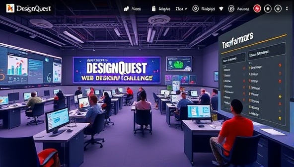 An immersive virtual world showcasing a diverse group of designers engaged in a web design challenge, with digital tools, design elements, and a leaderboard displaying top performers, highlighting the competitive and interactive nature of DesignQuest's gamified platform.