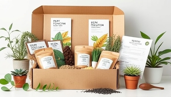 An eco-friendly subscription box design showcasing a variety of plant-based fertilizer blends, natural ingredients, and plant care guides, conveying the essence of sustainable and personalized plant nutrition solutions for green enthusiasts.