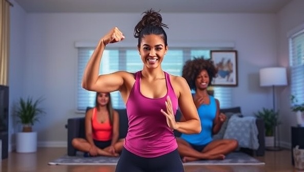 A dynamic image of a virtual fitness coach leading an energetic workout session via video call, with a diverse group of participants following along from their homes, showcasing convenience and engagement.