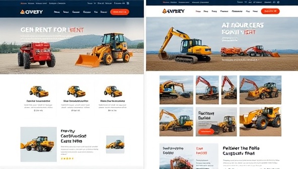 An engaging website layout featuring a variety of construction equipment available for rent, displayed with clear images, specifications, and rental prices, creating a user-friendly and informative rental marketplace experience.