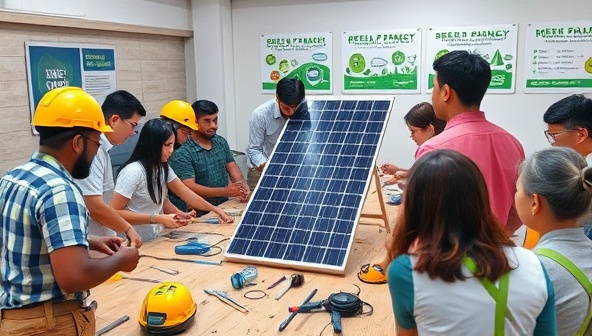 A virtual solar panel installation workshop scene with a diverse group of participants engaged in hands-on activities, led by an expert instructor demonstrating solar panel mounting techniques, surrounded by tools, safety gear, and green energy posters, fostering a collaborative learning environment and practical skills development.